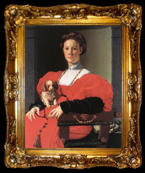 framed  BRONZINO, Agnolo Portrait of a Lady with a Puppy f, ta009-2